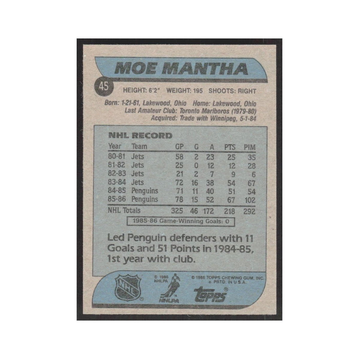 1986 Topps Moe Mantha Pittsburgh Penguins #45