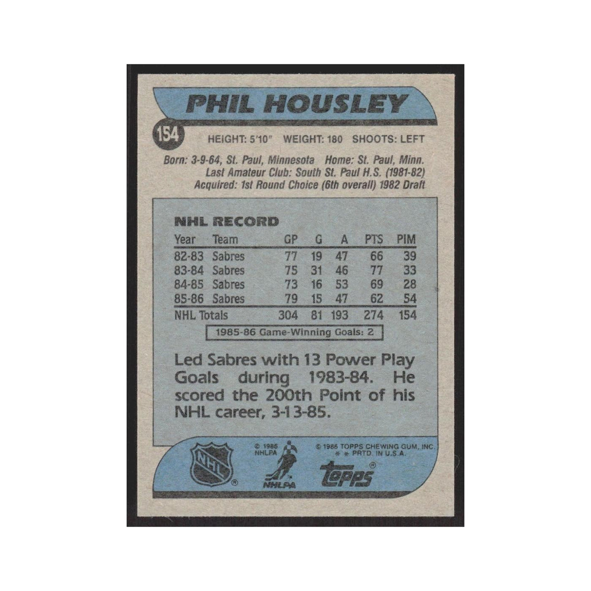 1986 Topps Phil Housley Buffalo Sabres #154
