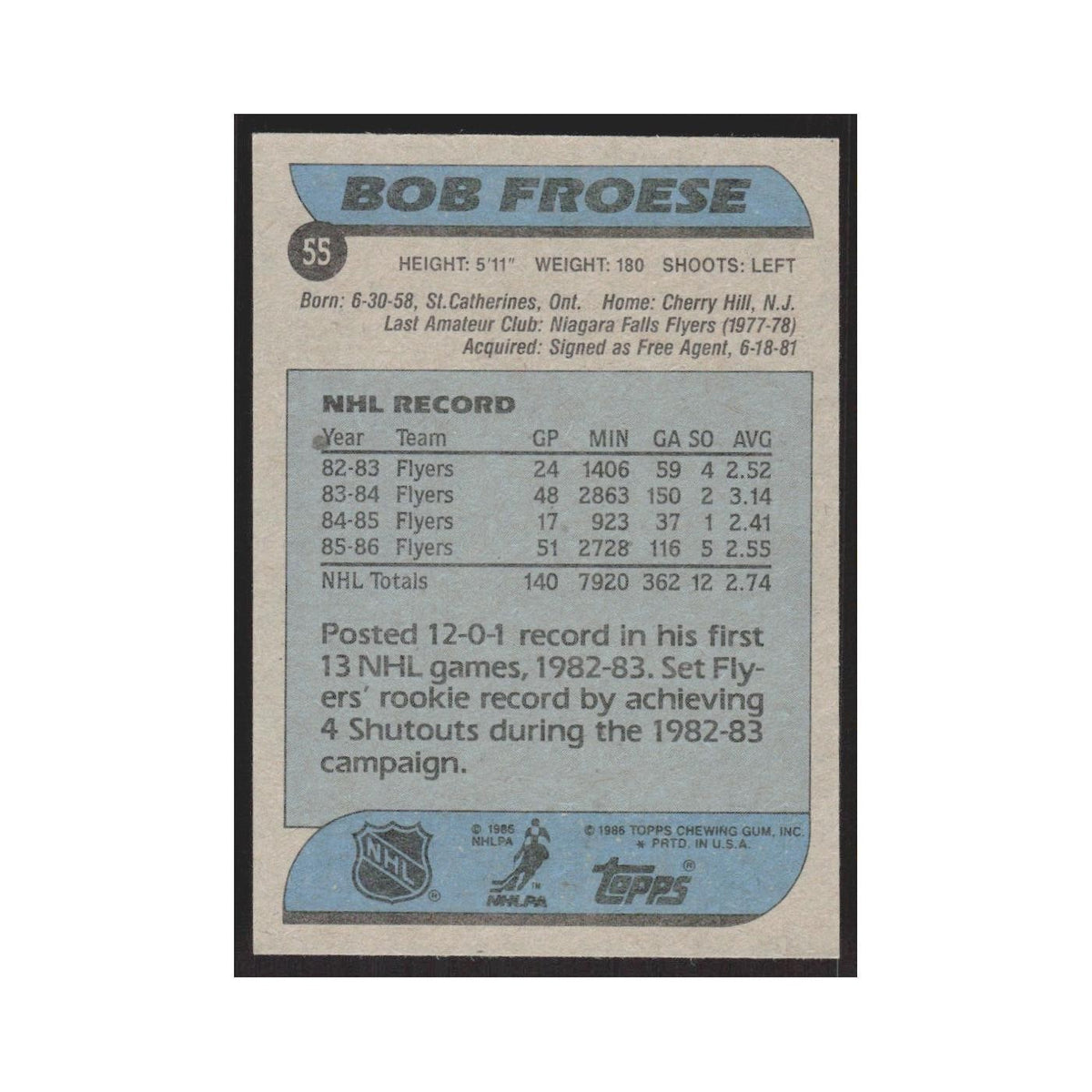 1986 Topps Bob Froese Philadelphia Flyers #55