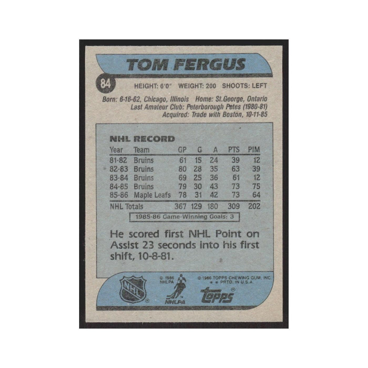 1986 Topps Tom Fergus Toronto Maple Leafs #84