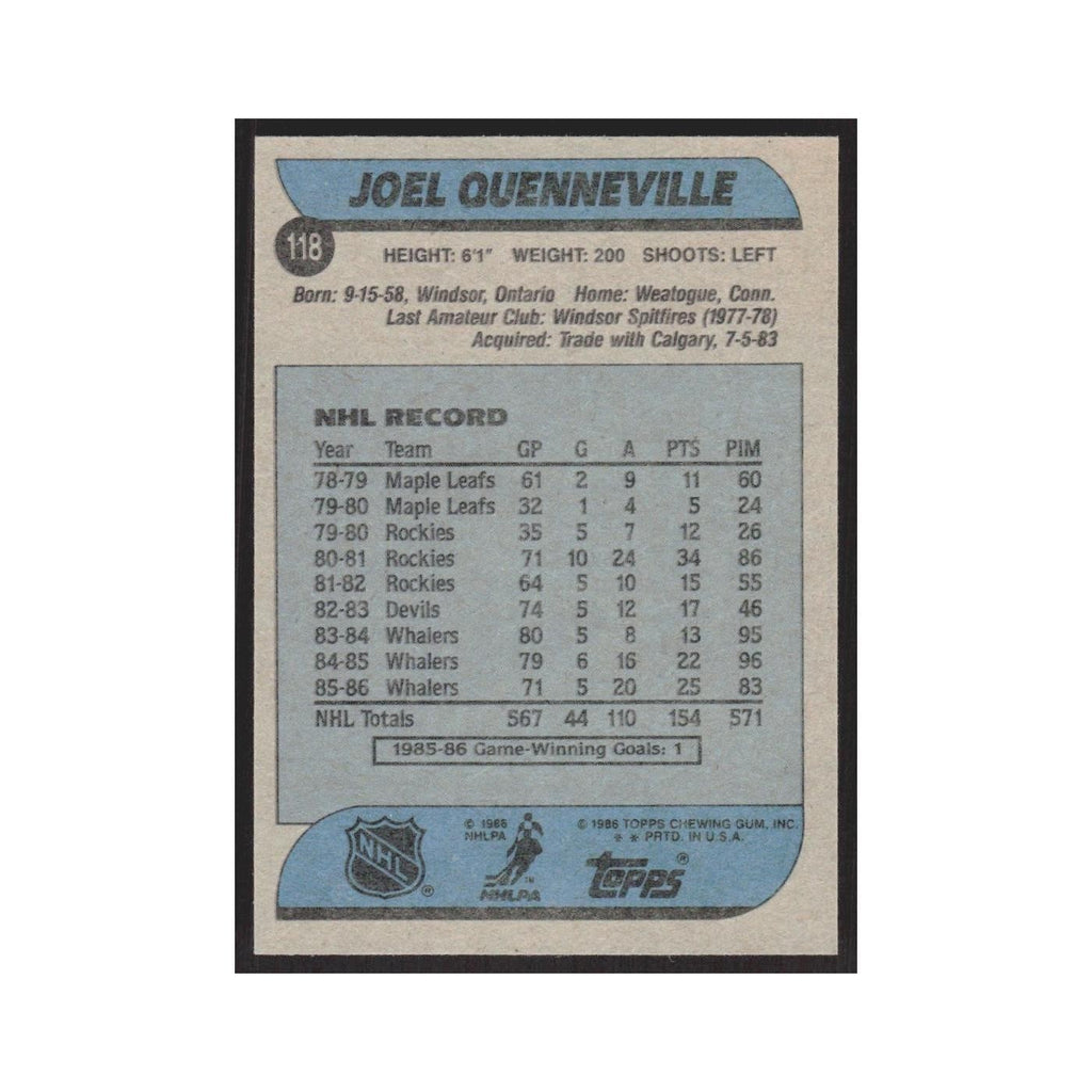 1986 Topps Joel Quenneville Hartford Whalers #118