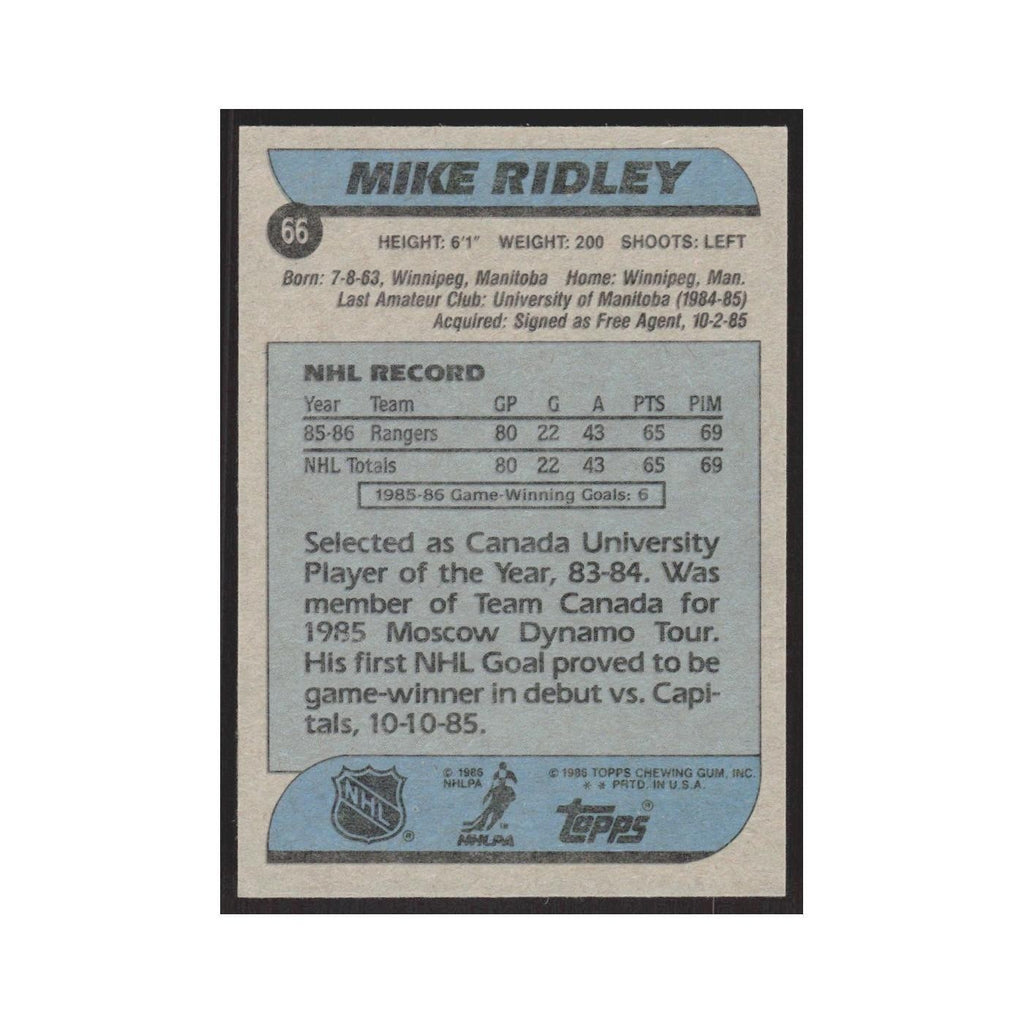 1986 Topps Mike Ridley RC New York Rangers #66