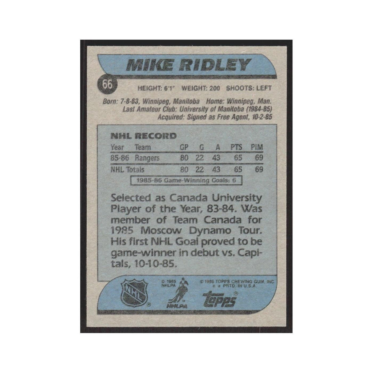 1986 Topps Mike Ridley RC New York Rangers #66