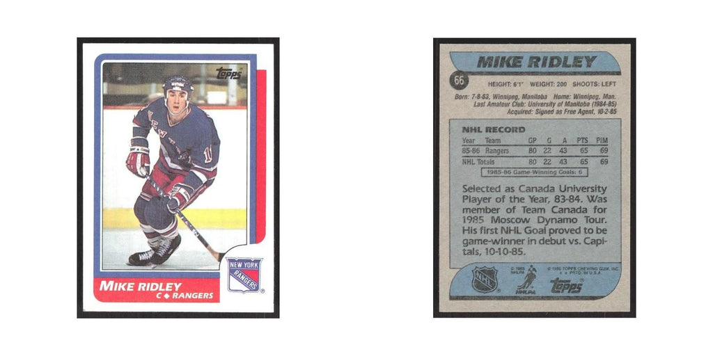 1986 Topps Mike Ridley RC New York Rangers #66