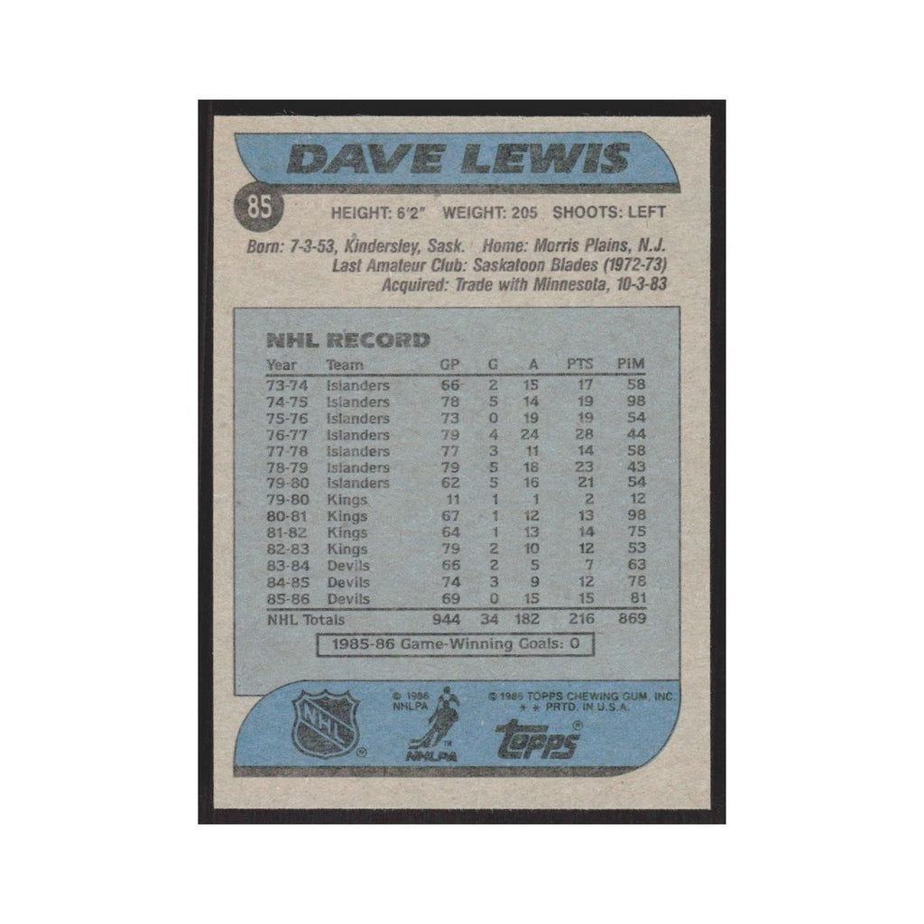 1986 Topps Dave Lewis New Jersey Devils #85