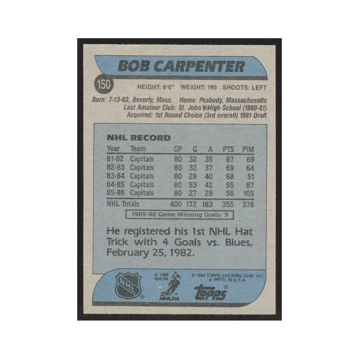 1986 Topps Bob Carpenter Washington Capitals #150