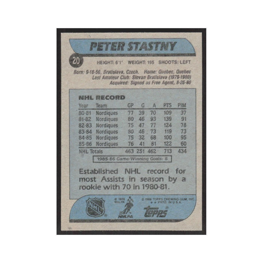 1986 Topps Peter Stastny Quebec Nordiques #20