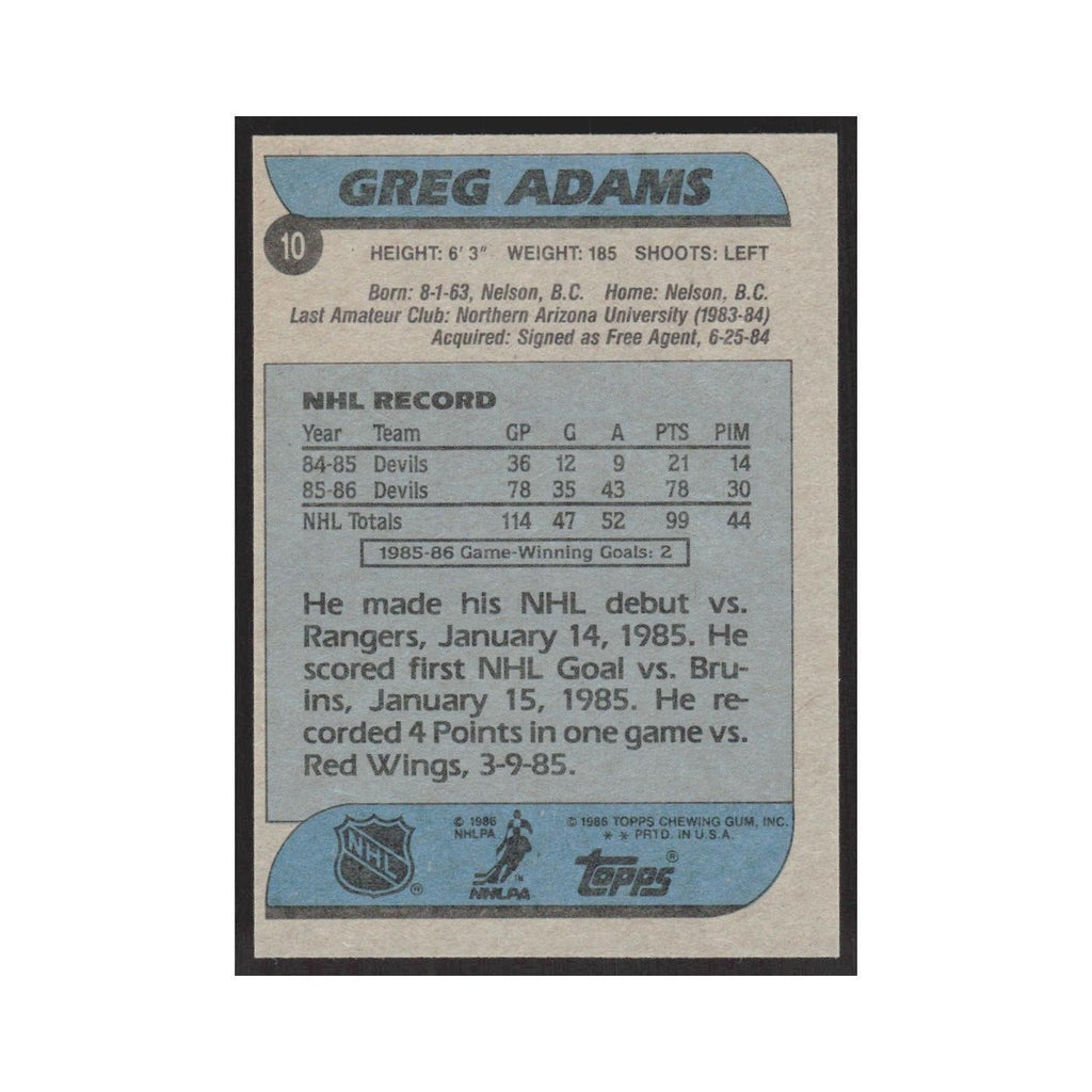 1986 Topps Greg Adams RC New Jersey Devils #10