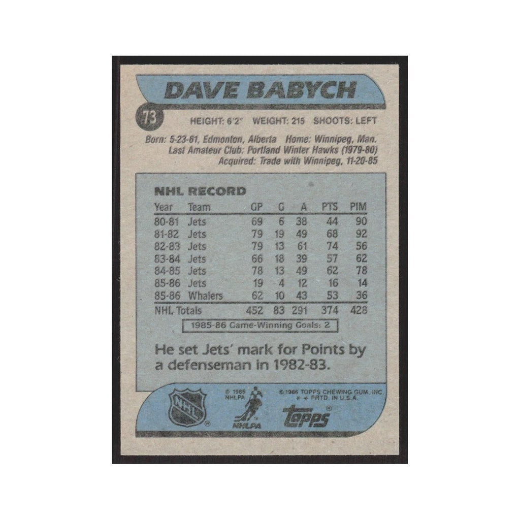 1986 Topps Dave Babych Hartford Whalers #73