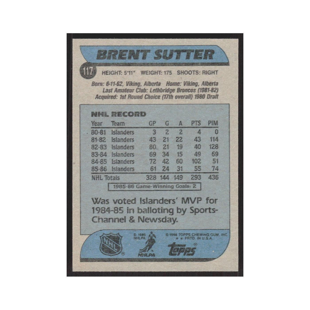 1986 Topps Brent Sutter New York Islanders #117