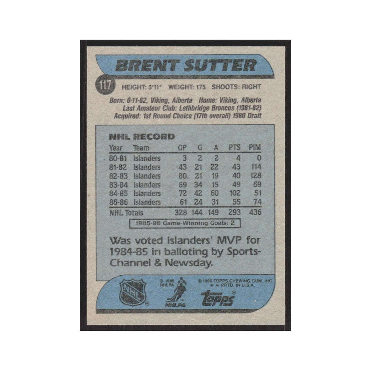 1986 Topps Brent Sutter New York Islanders #117