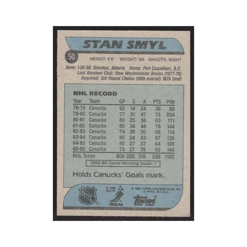 1986 Topps Stan Smyl Vancouver Canucks #50