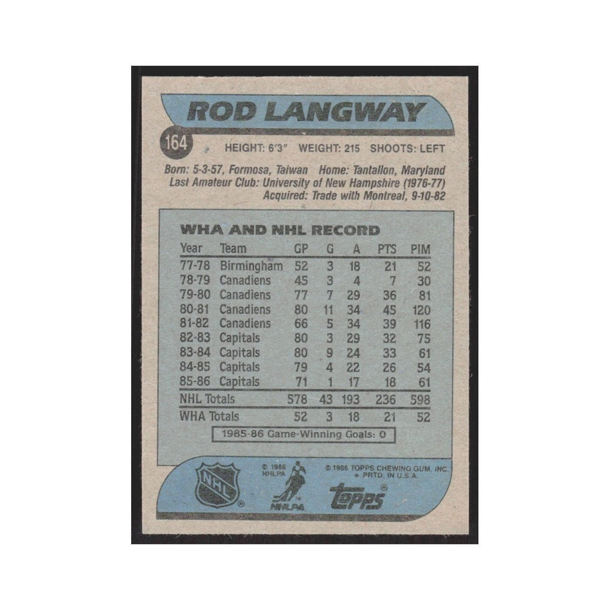 1986 Topps Rod Langway Washington Capitals #164
