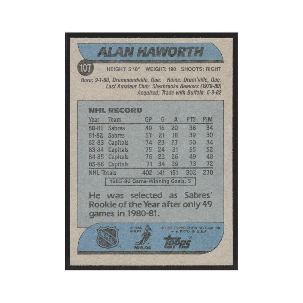 1986 Topps Alan Haworth Washington Capitals #107