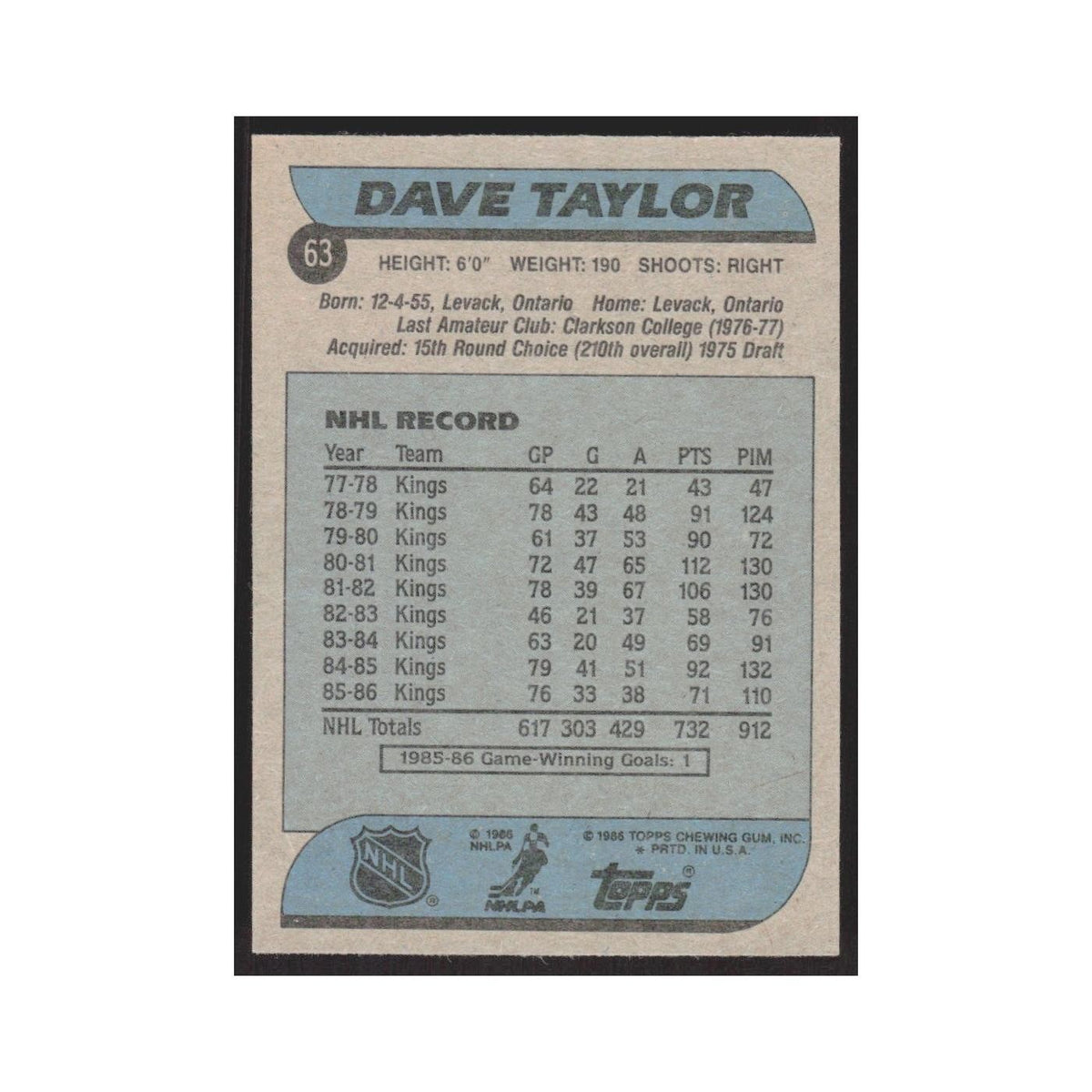 1986 Topps Dave Taylor Los Angeles Kings #63