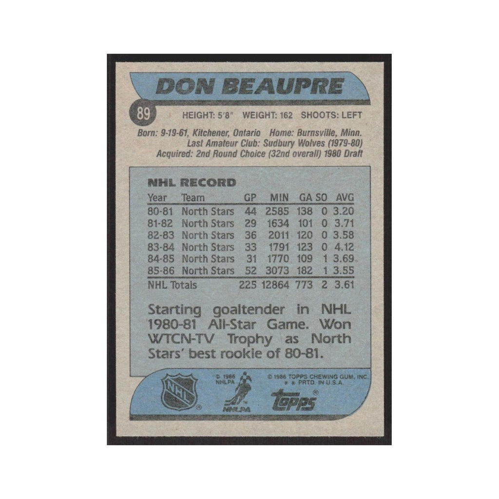 1986 Topps Don Beaupre Minnesota North Stars #89
