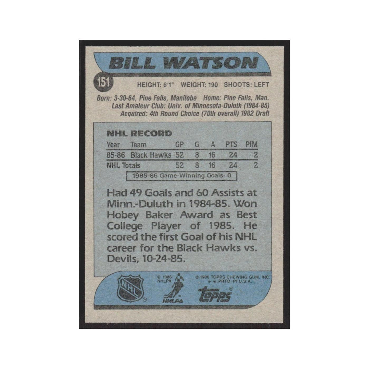 1986 Topps Bill Watson RC Chicago Blackhawks #151