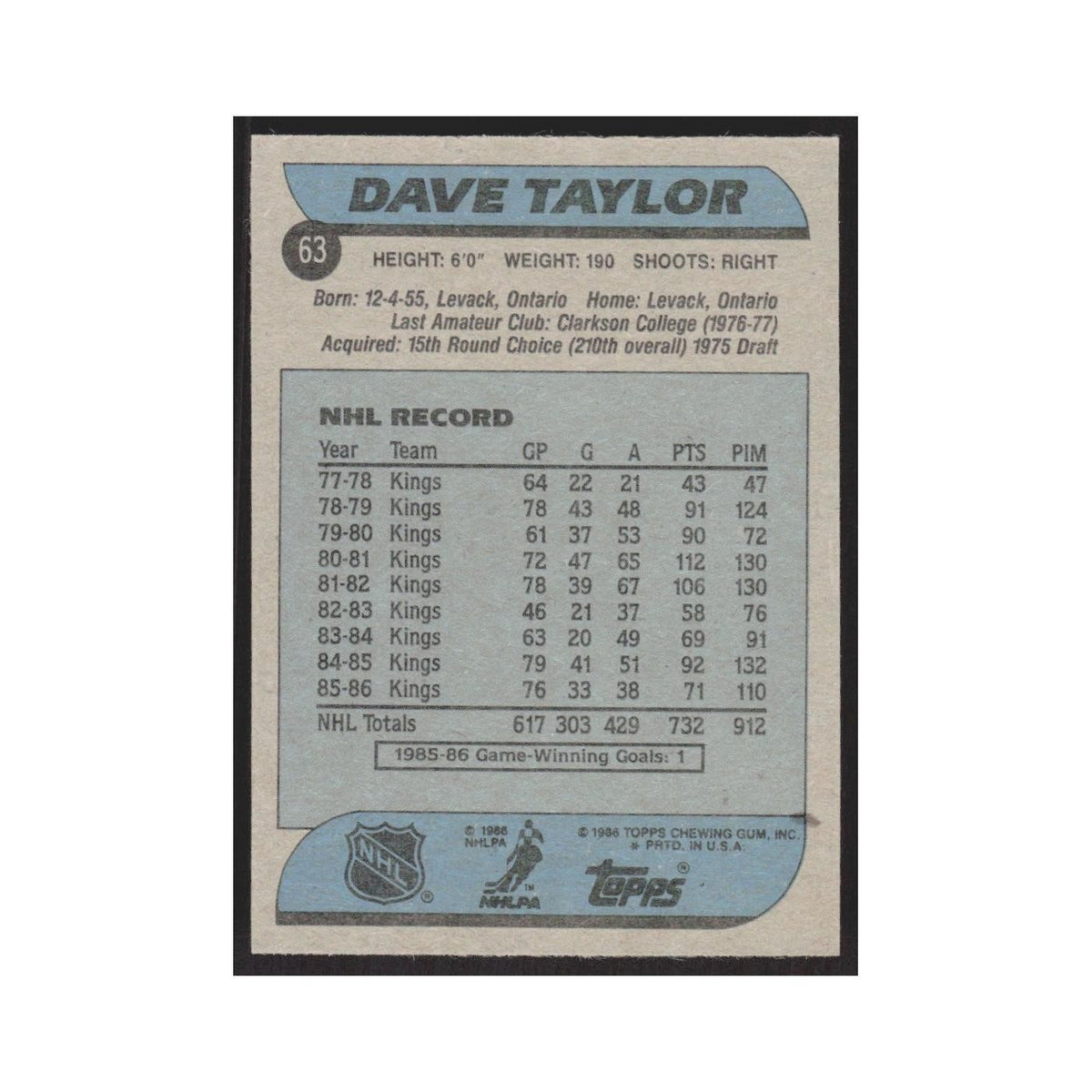 1986 Topps Dave Taylor Los Angeles Kings #63