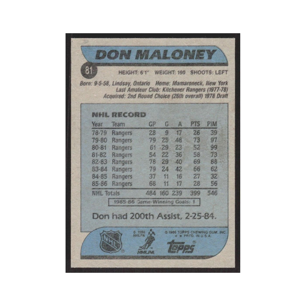 1986 Topps Don Maloney New York Rangers #81