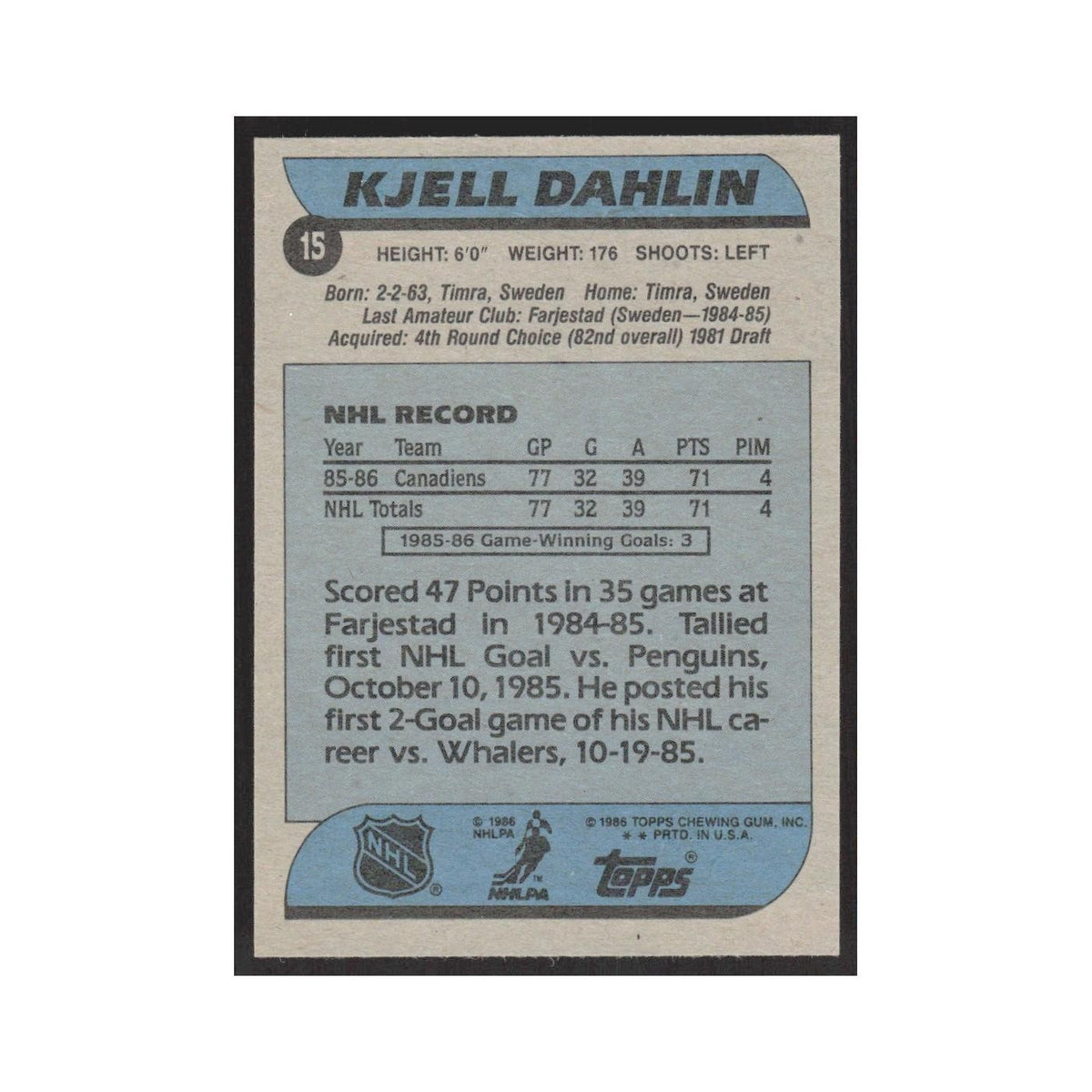 1986 Topps Kjell Dahlin RC Montreal Canadiens #15