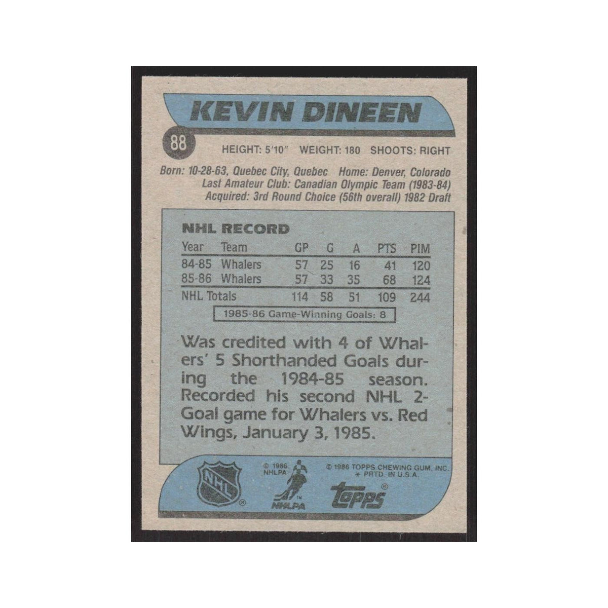 1986 Topps Kevin Dineen Hartford Whalers #88