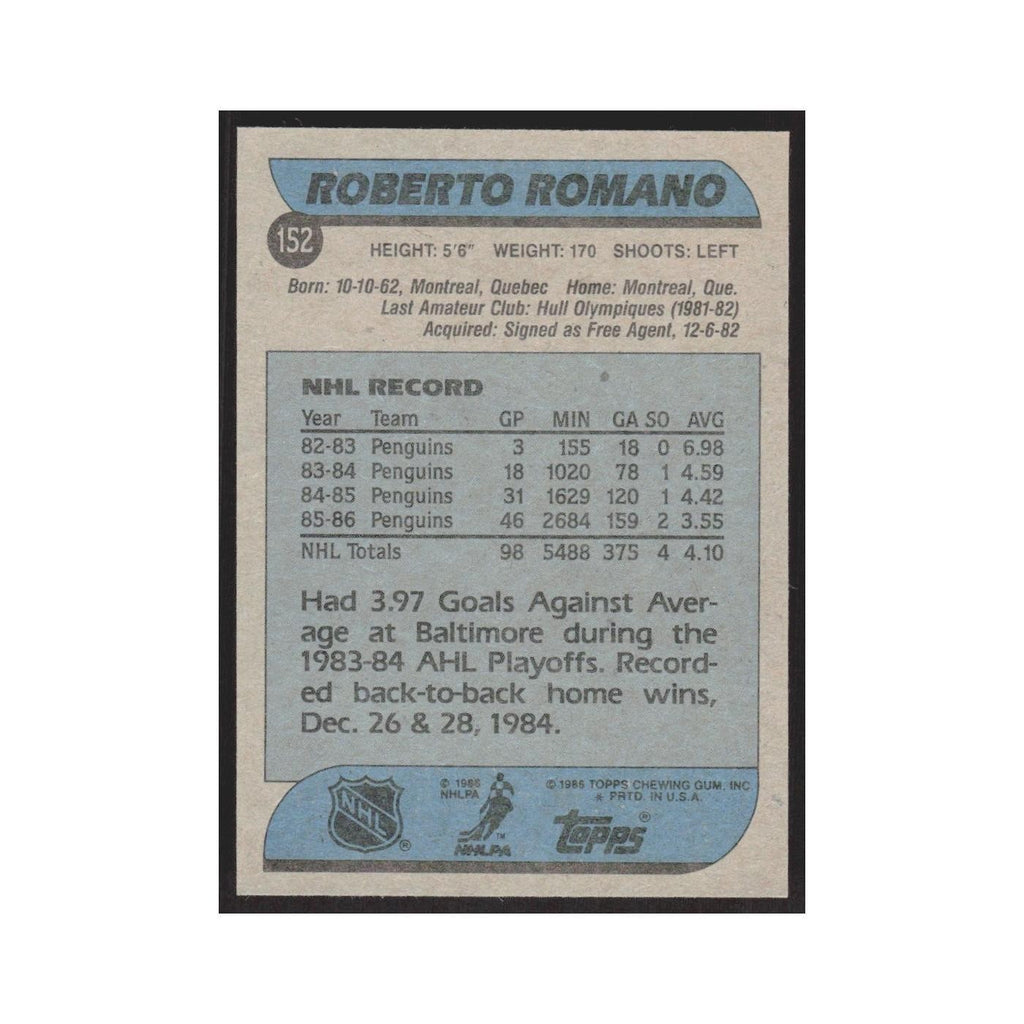 1986 Topps Roberto Romano Pittsburgh Penguins #152