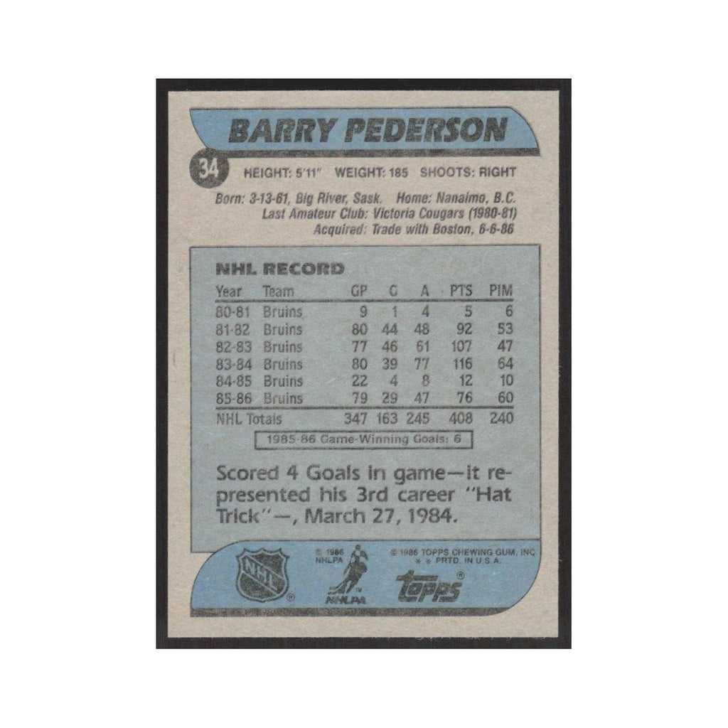 1986 Topps Barry Pederson Vancouver Canucks #34