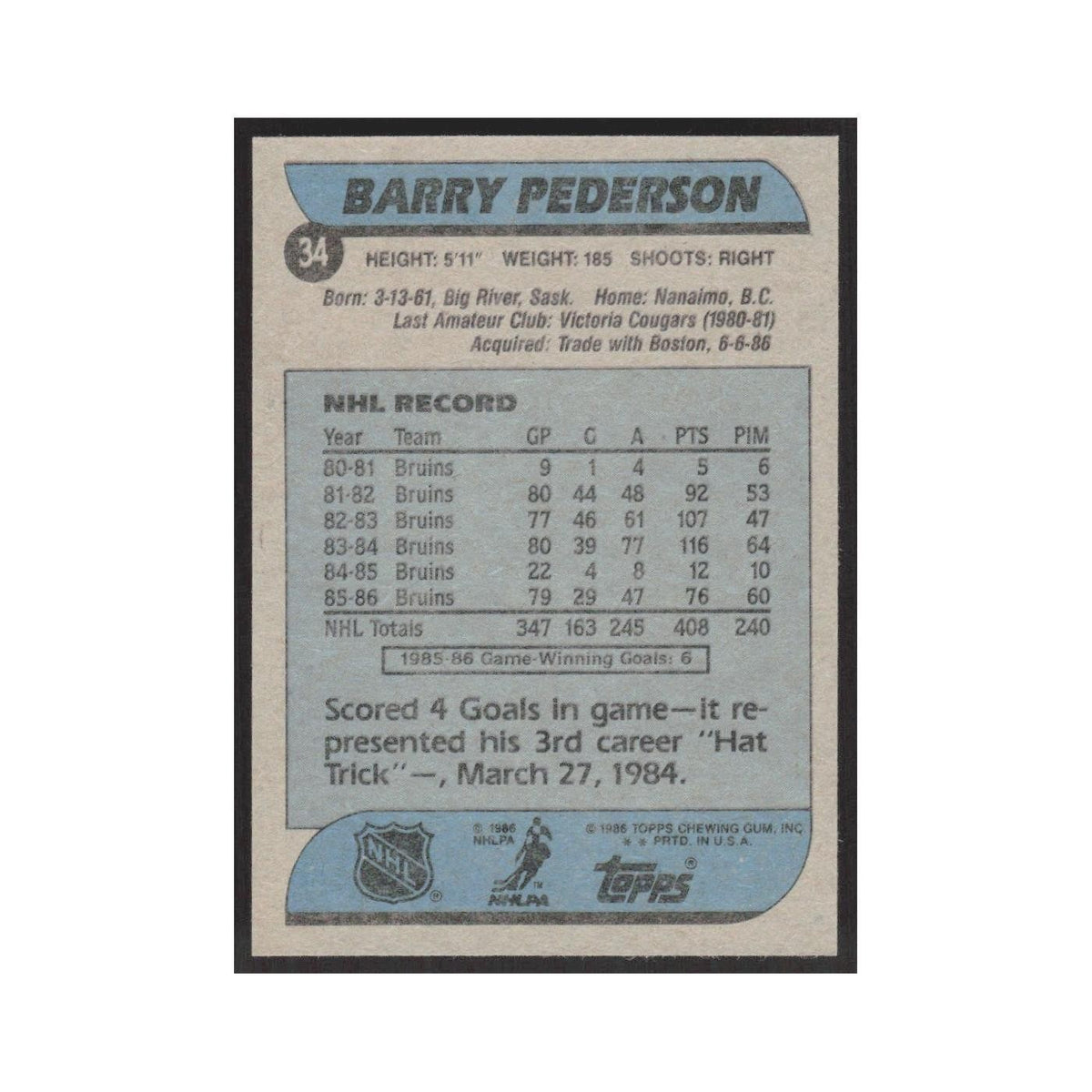 1986 Topps Barry Pederson Vancouver Canucks #34