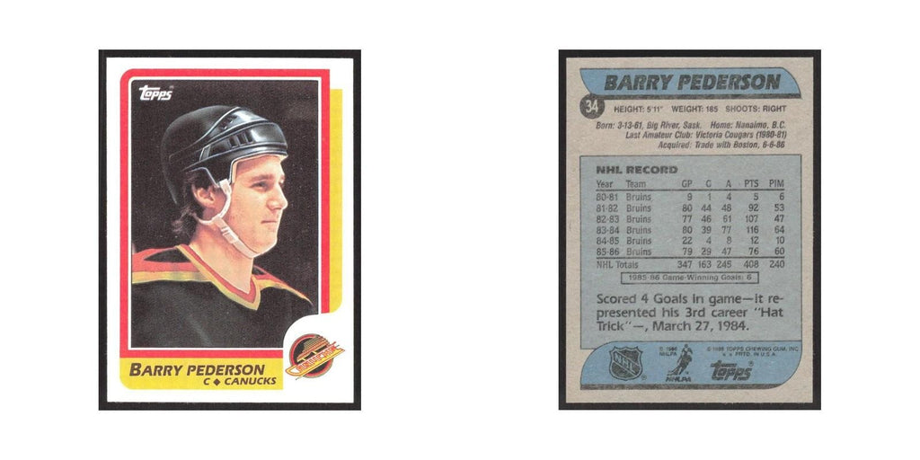 1986 Topps Barry Pederson Vancouver Canucks #34