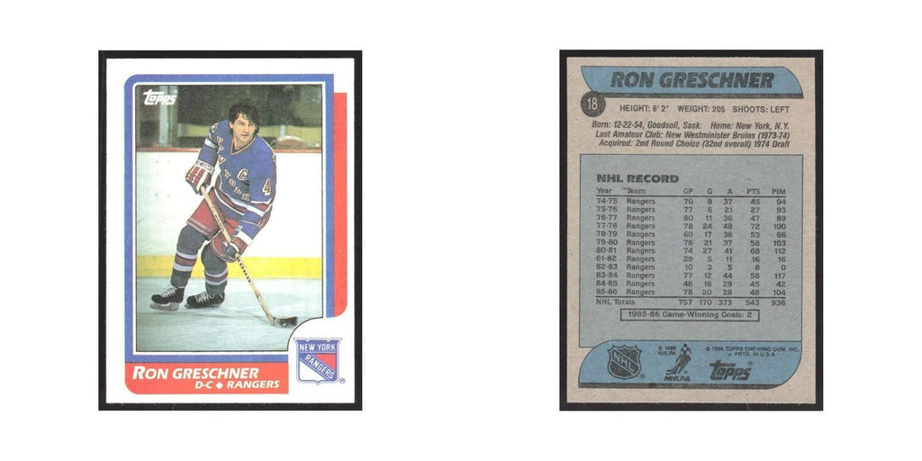 1986 Topps Ron Greschner New York Rangers #18