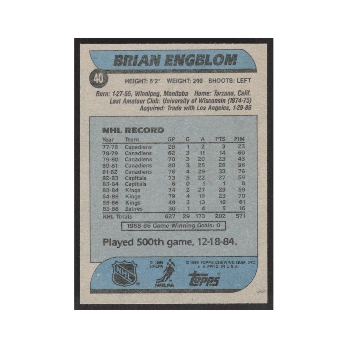 1986 Topps Brian Engblom Buffalo Sabres #40