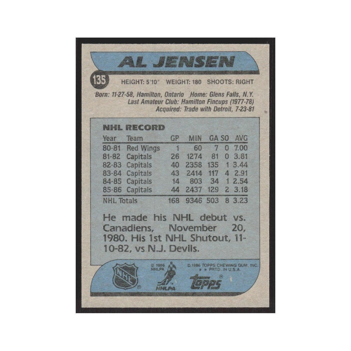 1986 Topps John Anderson Hartford Whalers #13