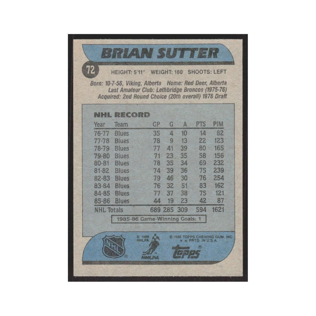 1986 Topps Brian Sutter St. Louis Blues #72