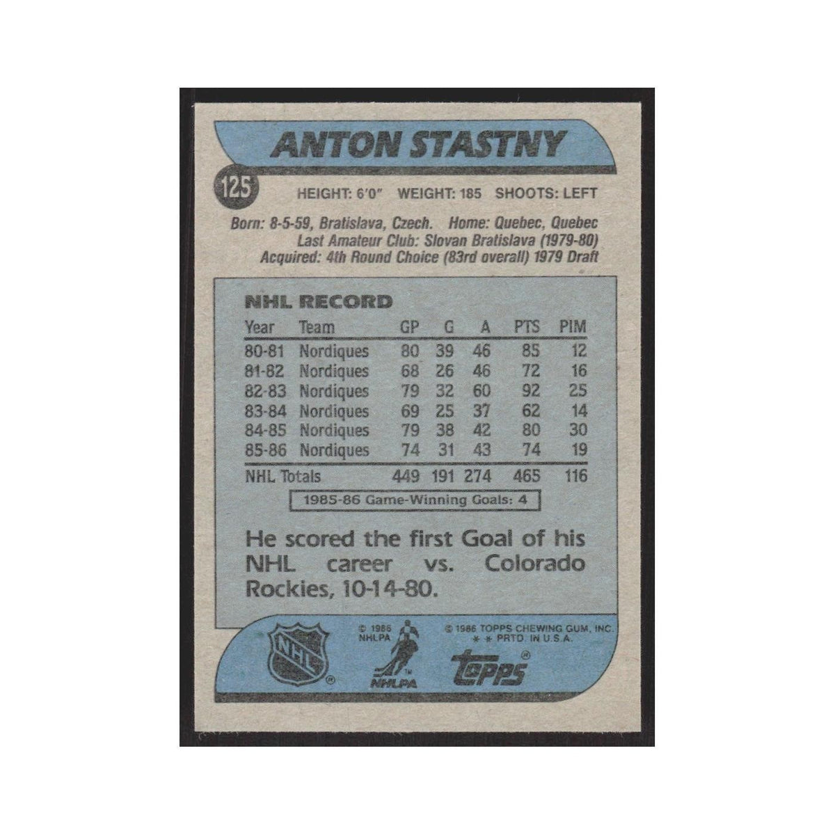 1986 Topps Anton Stasny Quebec Nordiques #125