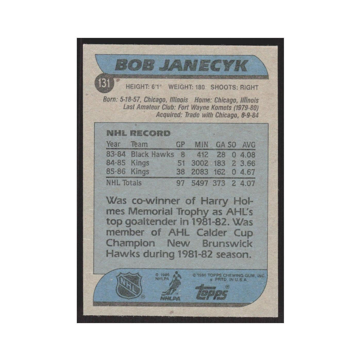 1986 Topps Bob Janecyk Los Angeles Kings #131
