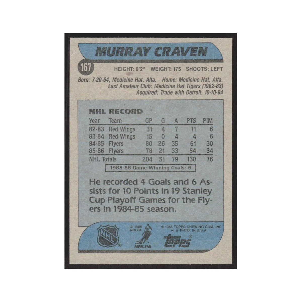 1986 Topps Murray Craven Philadelphia Flyers #167