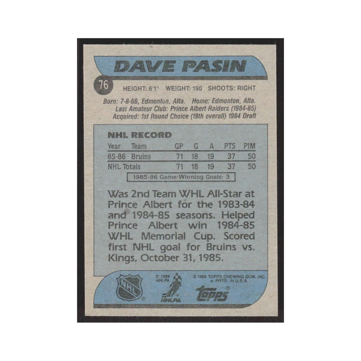 1986 Topps Dave Pasin RC Boston Bruins #76