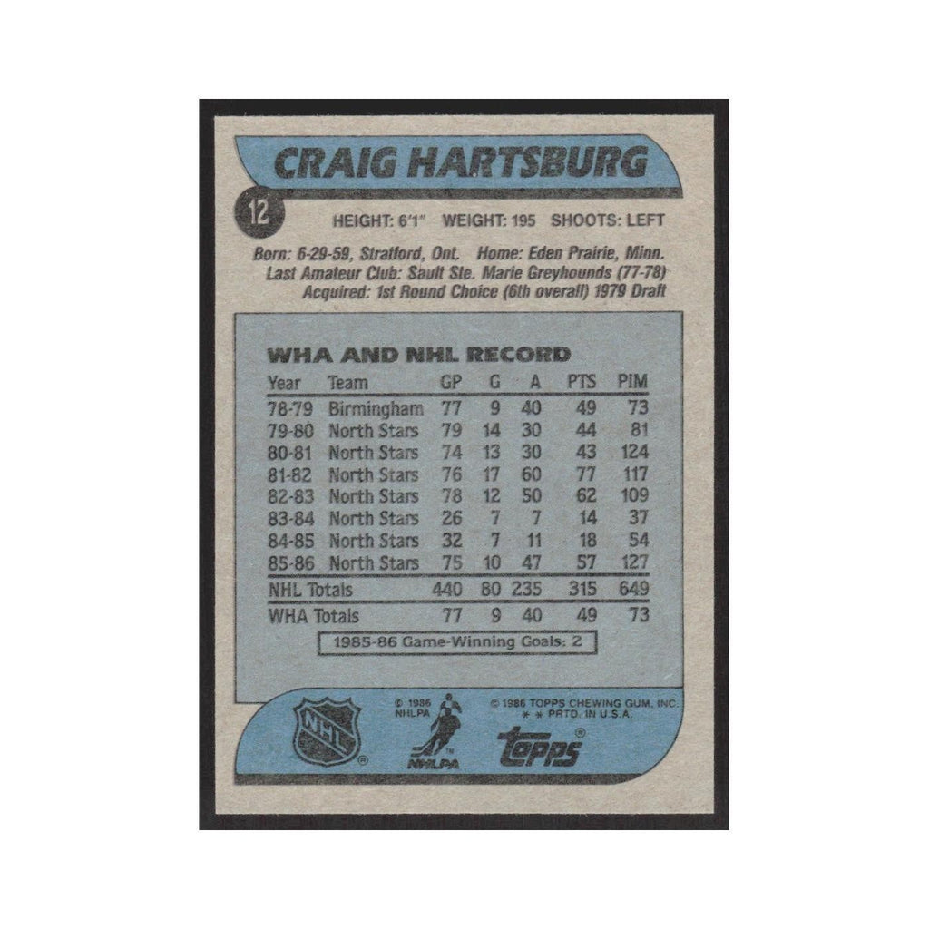 1986 Topps Craig Hartsburg Minnesota North Stars #12