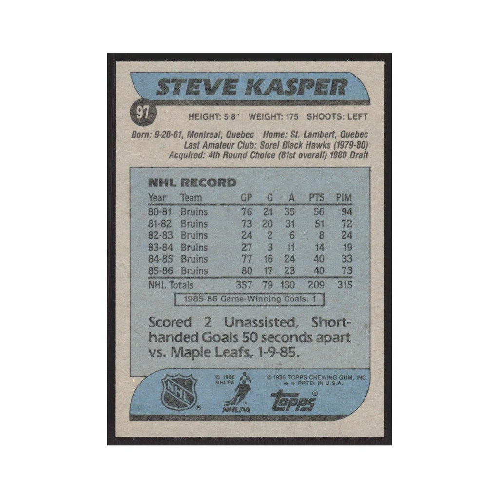 1986 Topps Steve Kasper Boston Bruins #97