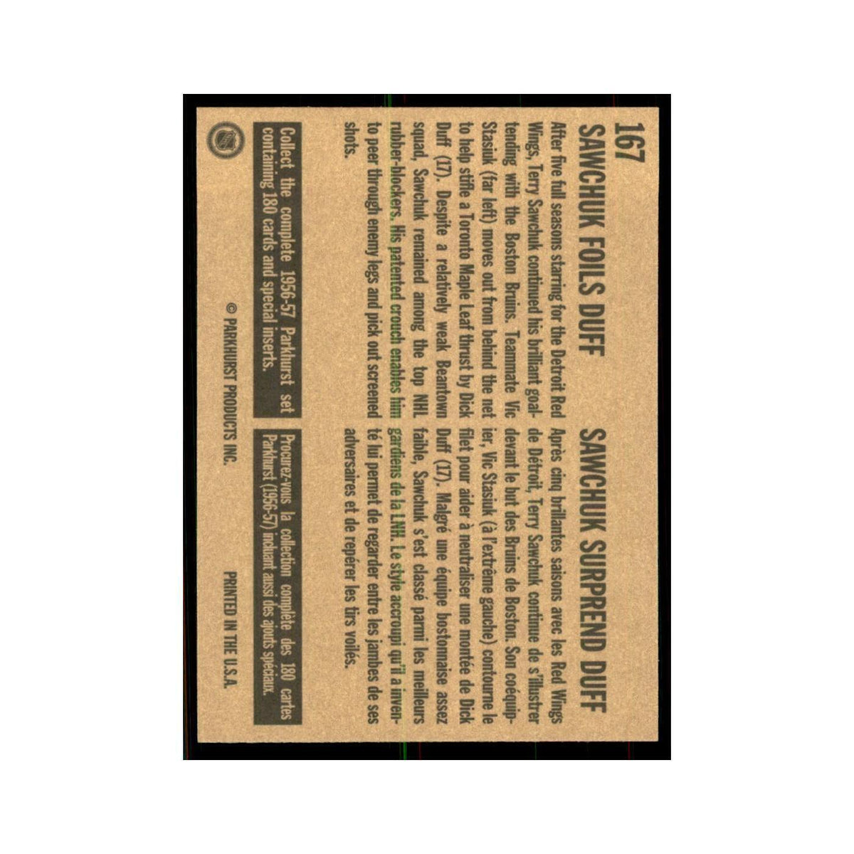 1994 Parkhurst Missing Link Sawchuk Foils Duff Boston Bruins #167