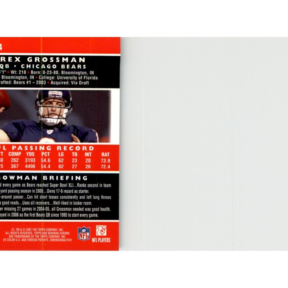 2007 Bowman Chrome Rex Grossman Football Cards #114