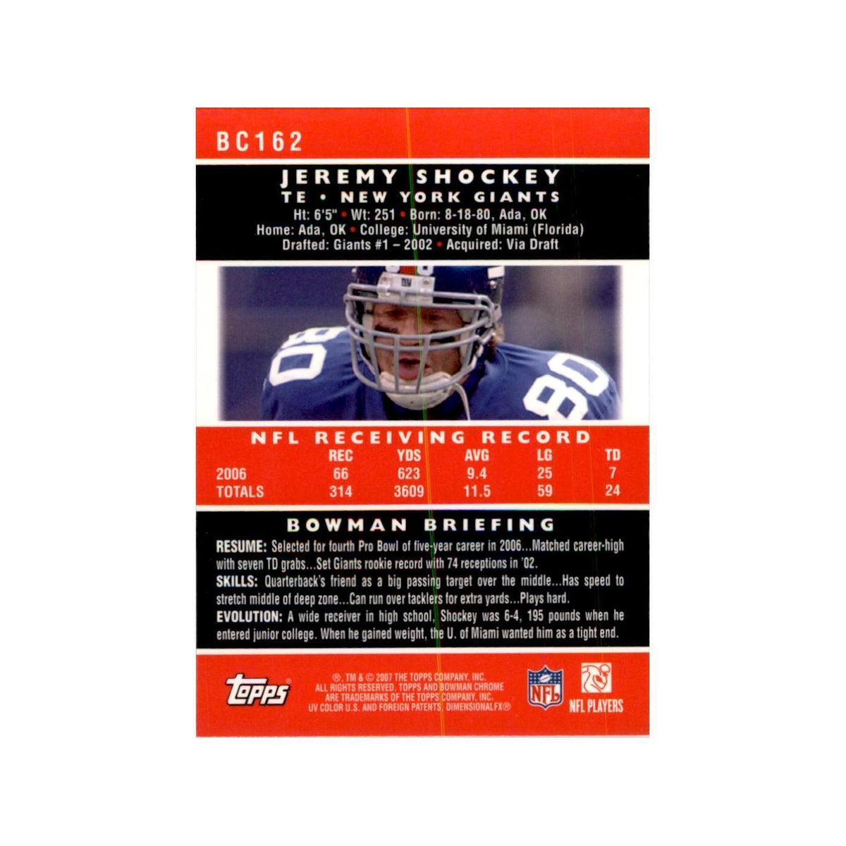 2007 Bowman Chrome Jeremy Shockey Football Cards #162