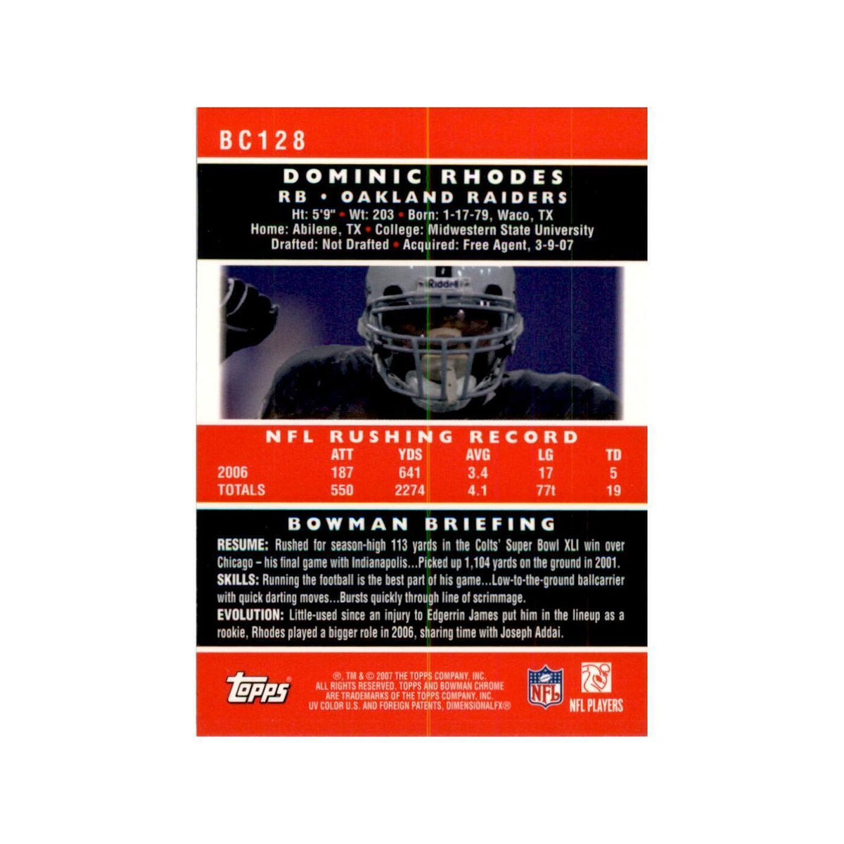 2007 Bowman Chrome Dominic Rhodes Football Cards #128