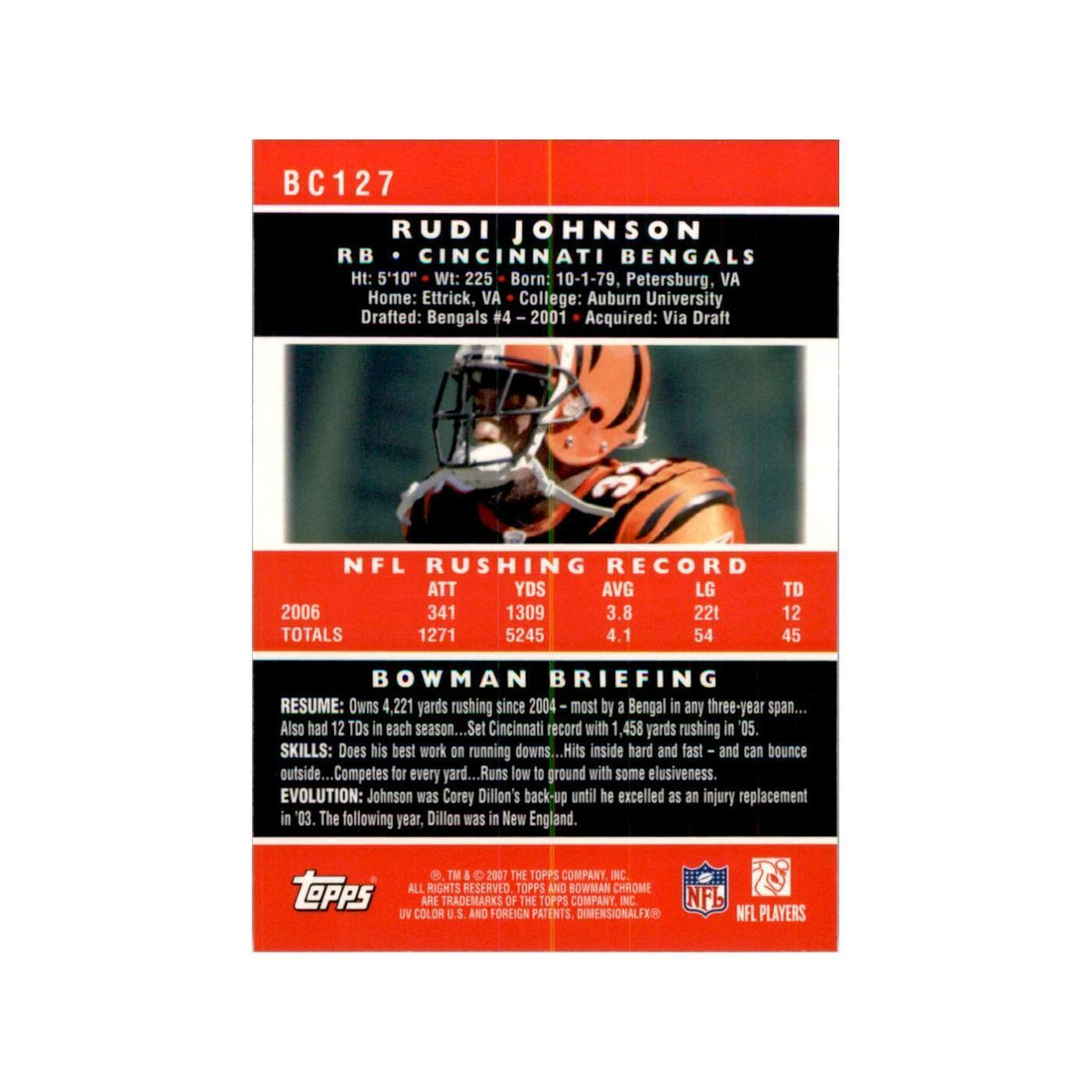 2007 Bowman Chrome Rudi Johnson Football Cards #127