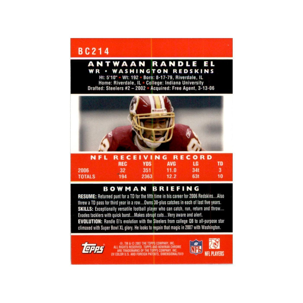 2007 Bowman Chrome Antwaan Randle El Football Cards #214
