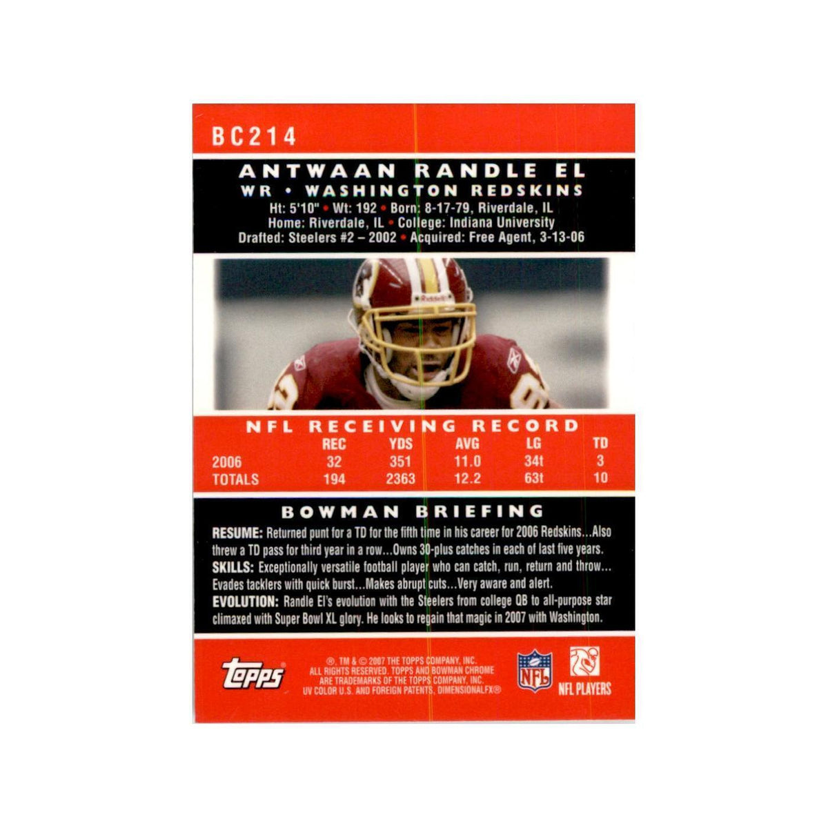 2007 Bowman Chrome Antwaan Randle El Football Cards #214