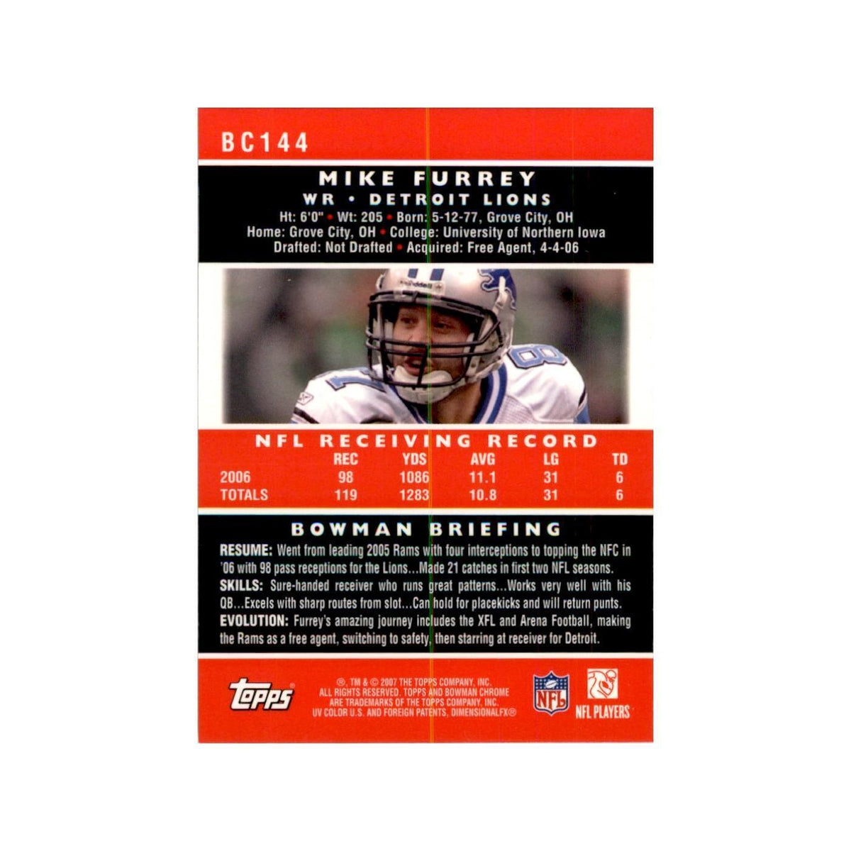 2007 Bowman Chrome Mike Furrey Football Cards #144