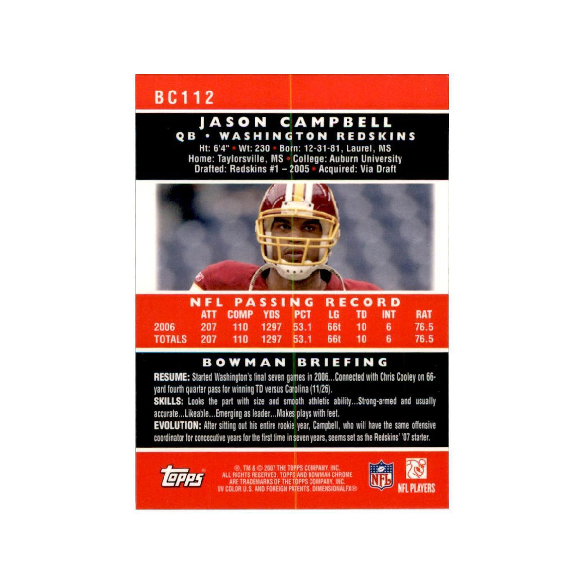 2007 Bowman Chrome Jason Campbell Football Cards #112