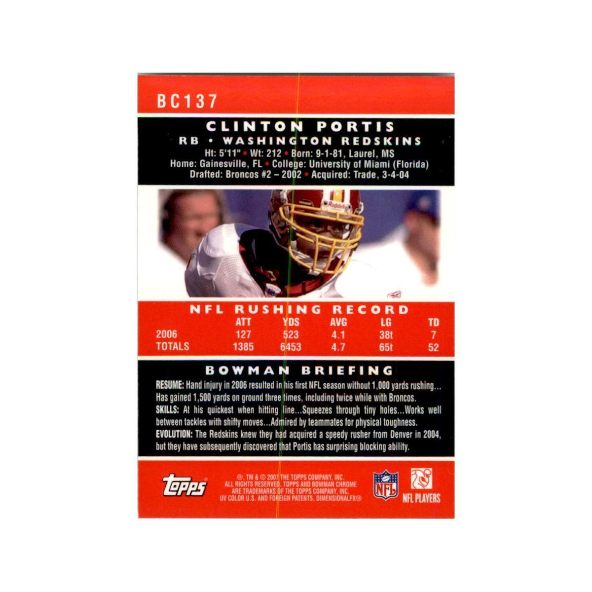 2007 Bowman Chrome Clinton Portis Football Cards #137