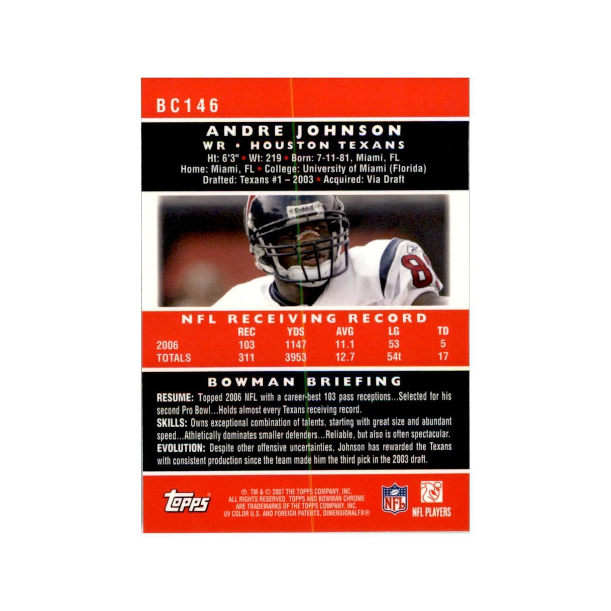 2007 Bowman Chrome Andre Johnson Football Cards #146